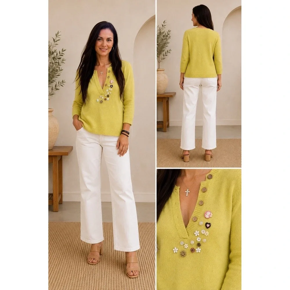 C&C California 100% Cashmere Sweater Womens XS Yellow Embellished V Neck